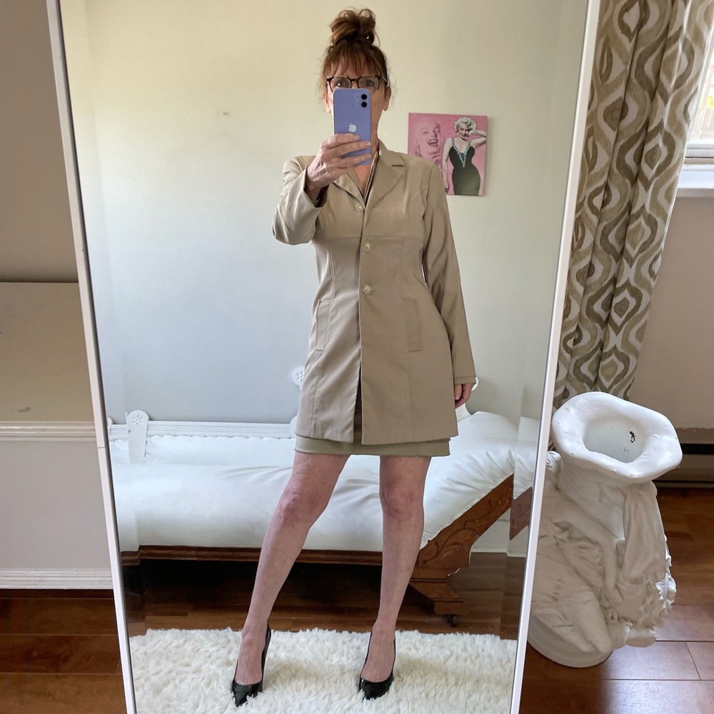 VINTAGE ALYN PAIGE KHAKI NEUTRAL FITTED COAT JACKET BUTTONS POCKETS CUFFS